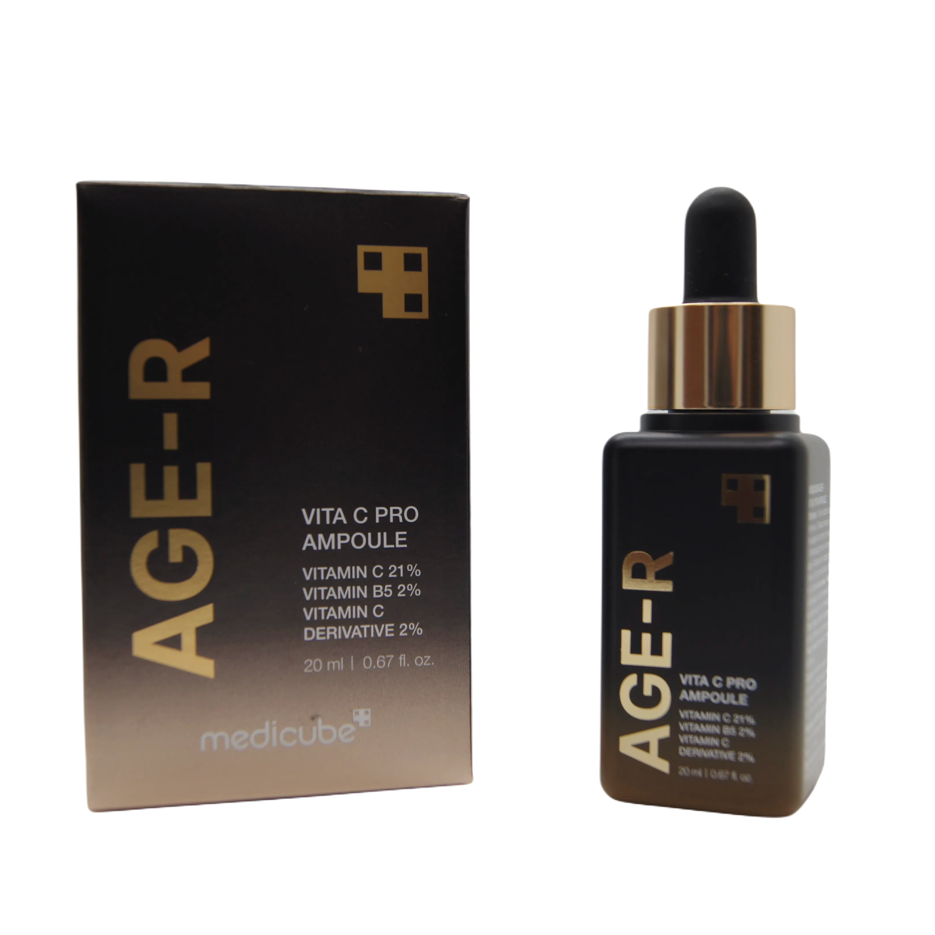 Medicube Age-R Vita C Pro Ampoule vananemisvastane kontsentreerutud seerum C-vitamiiniga 20ml läbipaistval taustal koos pakendiga