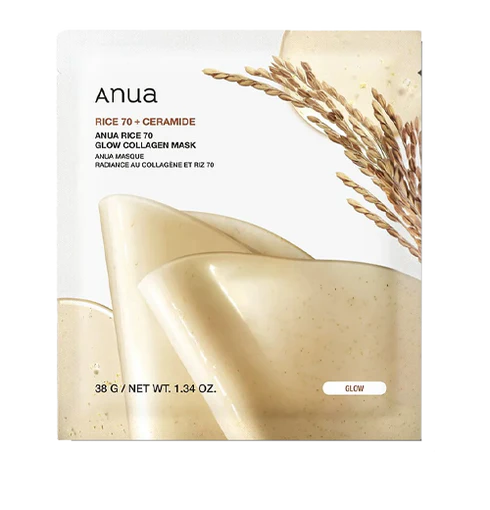 Anua rice 70 + ceramide glow collagen mask packaging with rice stalks on a white background