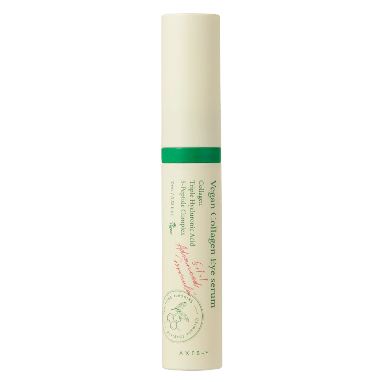 Vegan Collagen Eye serum bottle with green label on a white background
