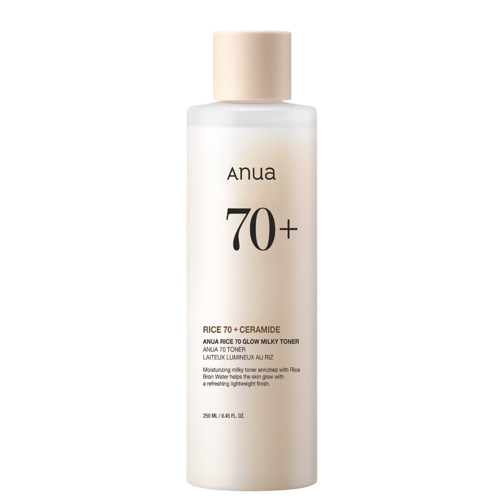 anua rice 70 glow milky toner 250ml läbipaistev taust