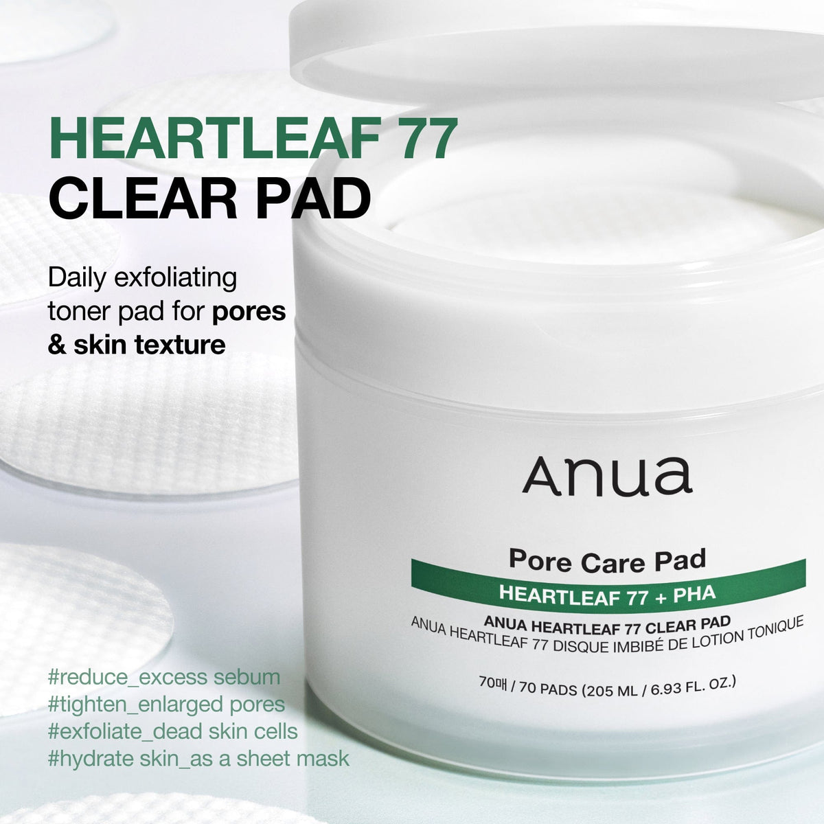 Anua Heartleaf 77 Clear Pad - exfoliating soothing toner pads 70pcs / 160ml