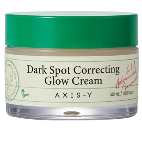 Jar of Axis-Y Dark Spot Correcting Glow Cream with green lid on a white background